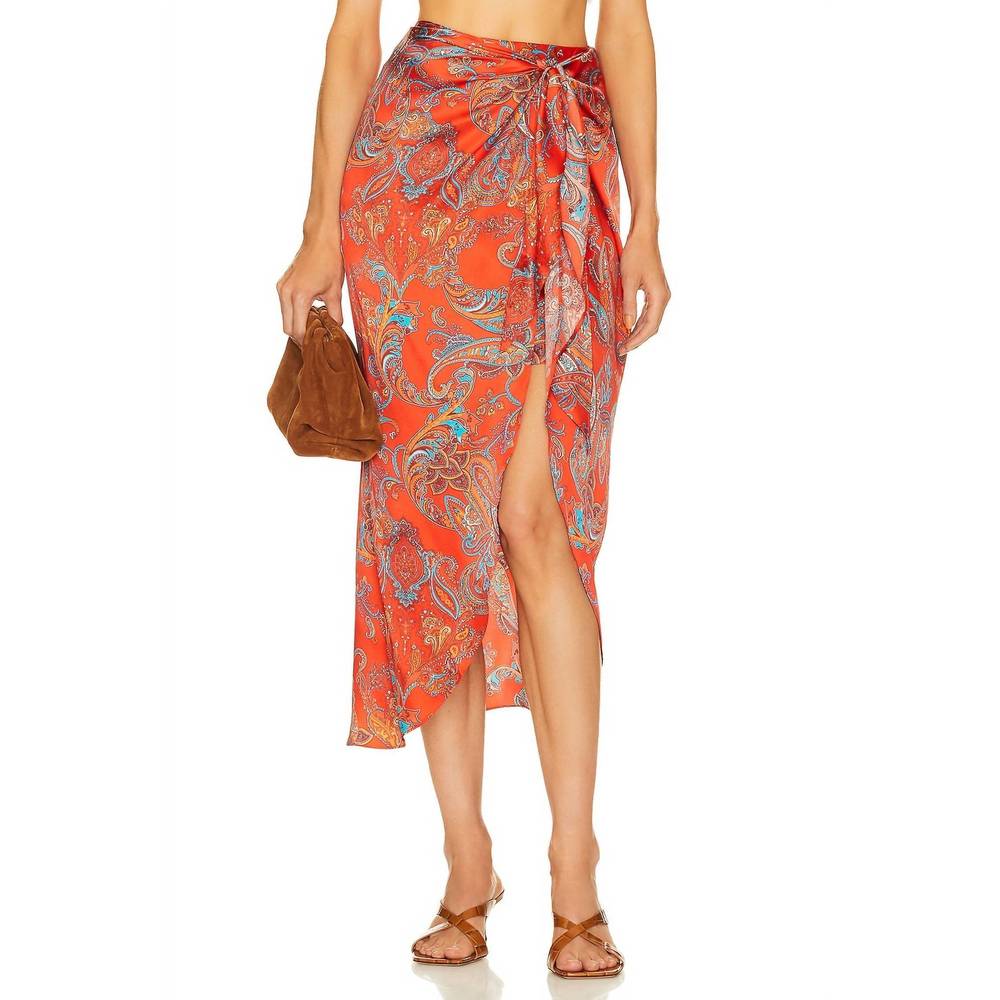 NEW L'AGENCE esa sarong skirt in fire red multi paisley